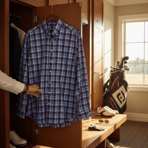 FootJoy Stretch Twill Woven Multi Large Plaid Shirt Button Blue Purple Size XL
